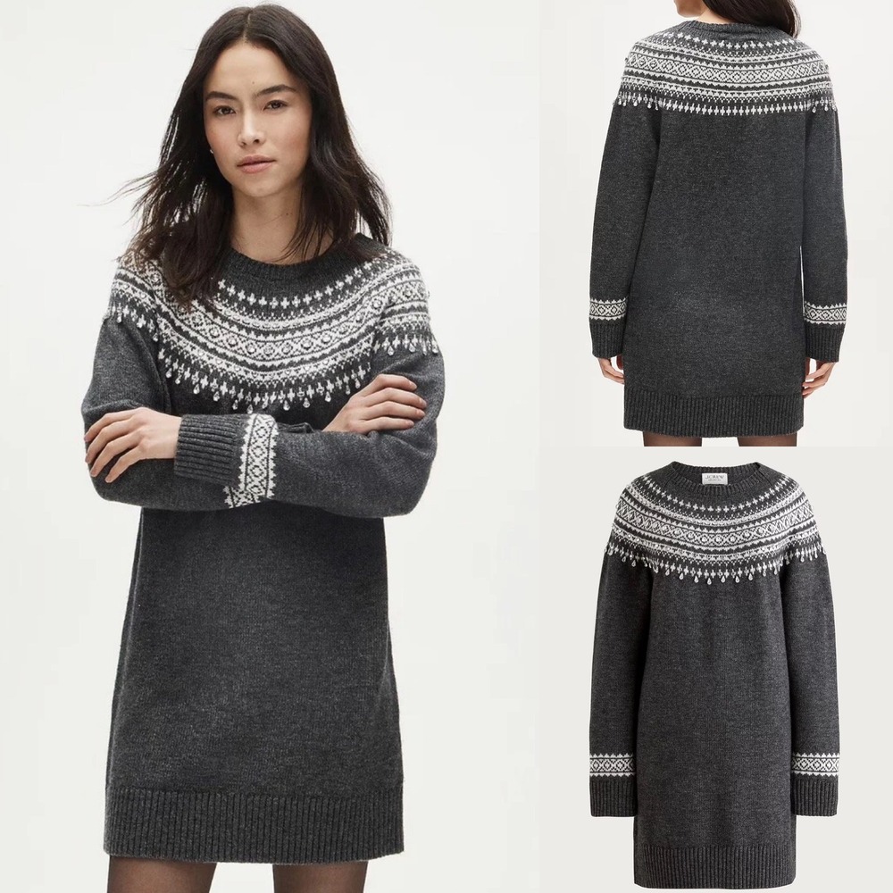 J.Crew Collection Womens 2X Fair Isle Crystal Embellished Sweater Dress Grey